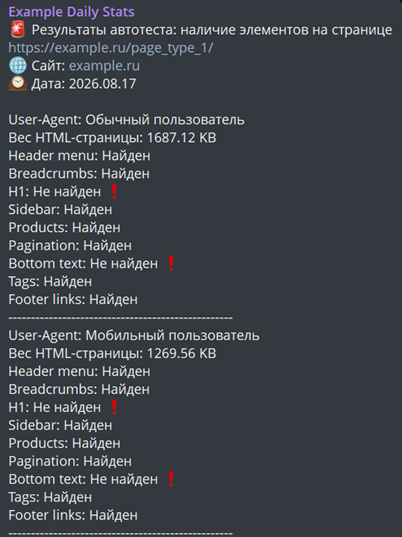 Тестовое уведомление в мессенджере